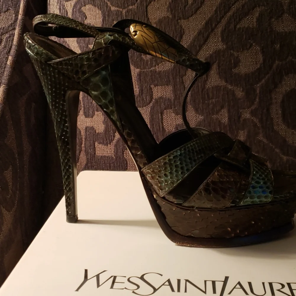 Yves Saint Laurent Green Brown Snakeskin Platform Heels